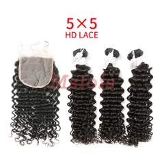 HD Lace Virgin Human Hair Bundle with 5X5 Closure Deep Curly