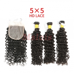 HD Lace Raw Human Hair Bundle with 5X5 Closure Deep Curly