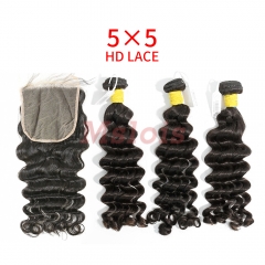 HD Lace Raw Human Hair Bundle with 5X5 Closure Deep Wave