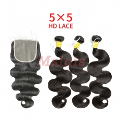 HD Lace Raw Human Hair Bundle with 5X5 Closure Body Wave