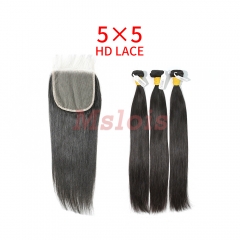 HD Lace Raw Human Hair Bundle with 5X5 Closure Straight