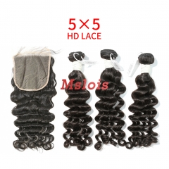 HD Lace Virgin Human Hair Bundle with 5X5 Closure Deep Wave