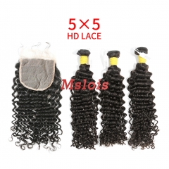 HD Lace Raw Human Hair Bundle with 5×5 Closure Deep Curly