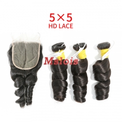 HD Lace Raw Human Hair Bundle with 5×5 Closure Loose Wave