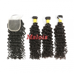 #1b Brazilian Raw Human Hair Weft with 4x4 Closure Deep Curly