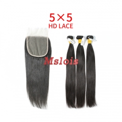 HD Lace Raw Human Hair Bundle with 5×5 Closure Straight
